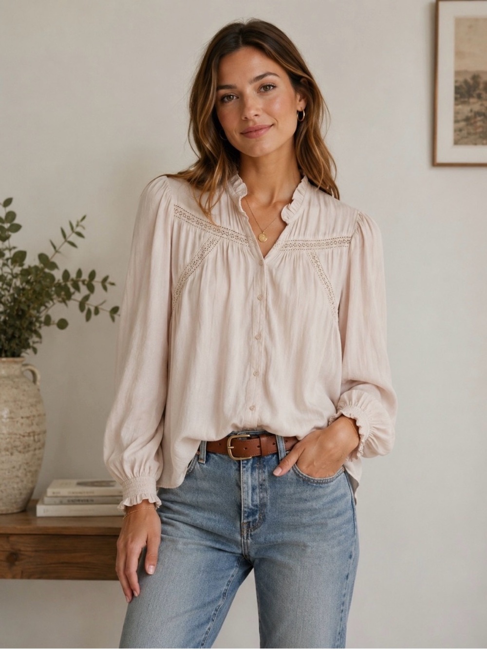 cupcakes & cashmere Blush Ruffle V-Neck Button Front Blouse